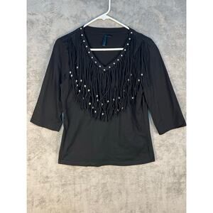 Black Fringe Western Cropped Shirt Medium 3/4 Sleeve Beaded Rodeo Cowgirl